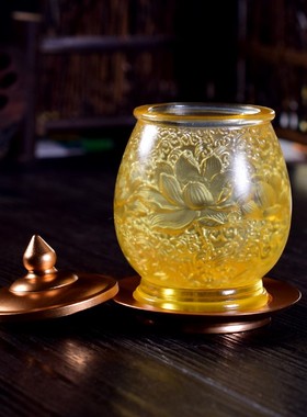 极速古法琉璃内雕莲花圣水杯家用佛堂供H奉佛前观音净水杯供杯室