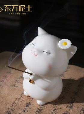 新品德化陶瓷可爱小猫咪摆件 创意现代办公室工位解Y压桌面动物装