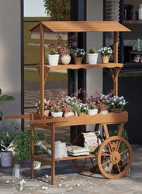 室内花架装饰摆件实木推车置物架花店商场创意展示架子超市促销车