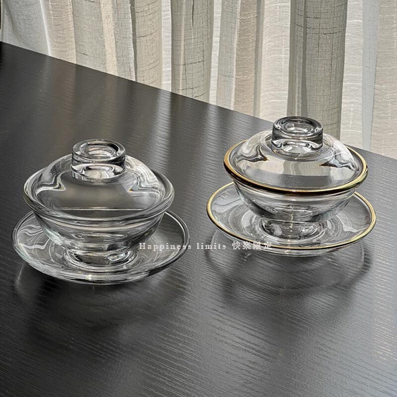 燕窝盅带盖玻璃碗点心甜品碗套装碗透明家用中式碗碟套装金边耐热 - 图0