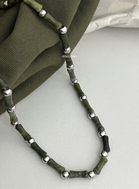 天然石玉绿色竹节项链男生潮奢新中式小众设计感街头个.性穿搭配