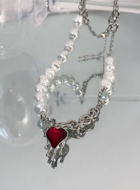 韩国时尚熔d岩红色爱心吊坠项链女纯银个性气质复古百搭珍珠毛衣