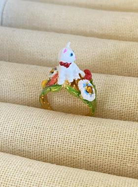 法国珐琅可爱猫咪小花朵爱护动物蝴蝶结领结小猫戒指