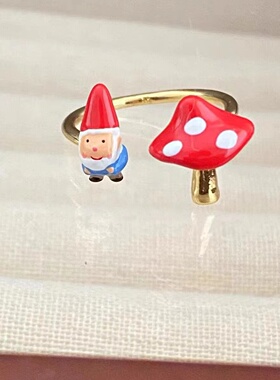 法国手工珐琅彩釉首饰N2小矮人系列 小蘑菇可爱甜美 开口戒指指环