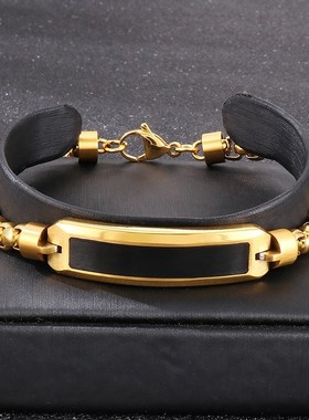 简约可激光刻字砂面弯牌手环 日韩时尚真空电镀方珍珠男士手链