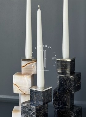 北欧天然大理石摆件样板间客厅酒店桌面装饰品定制款几何烛台摆设