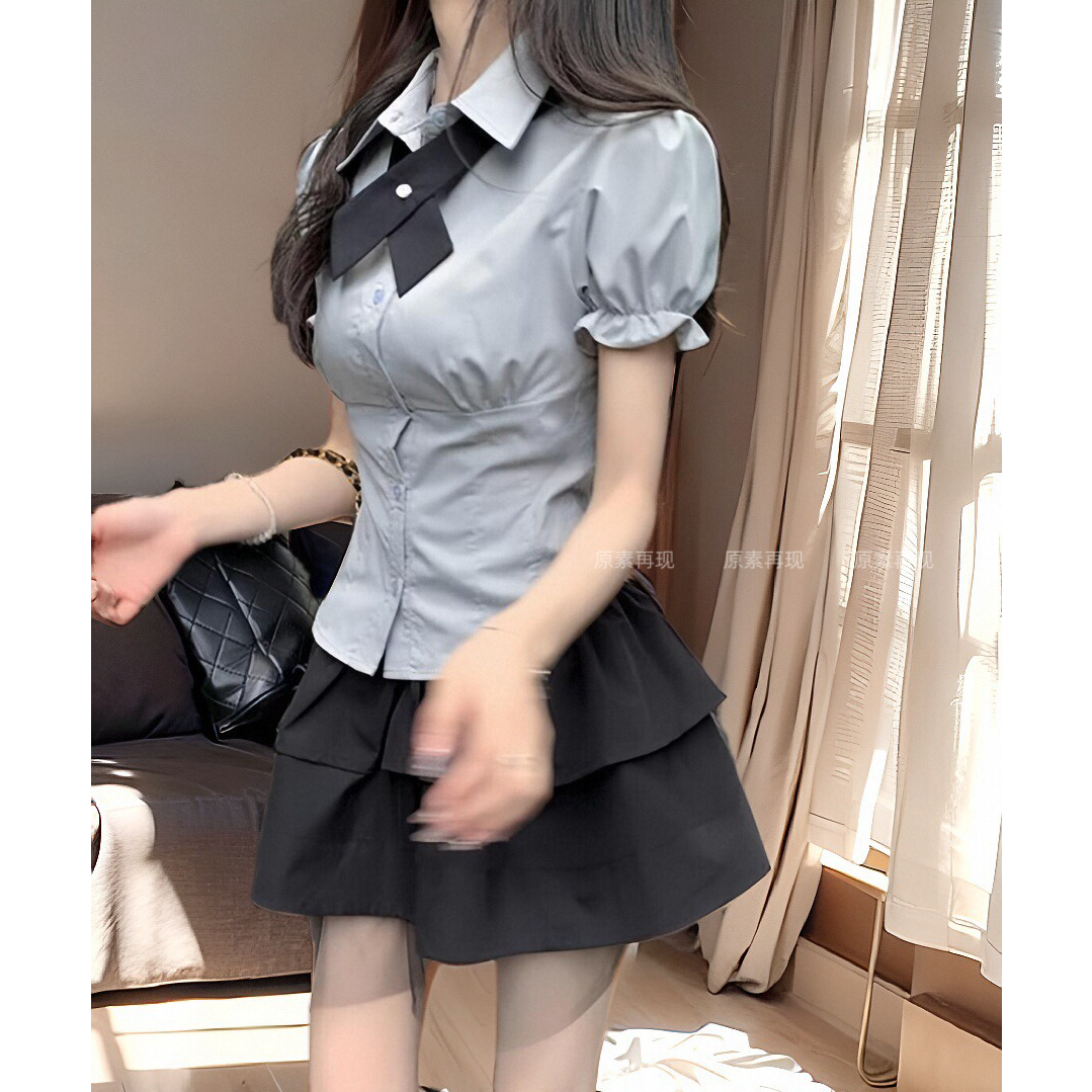 小个套装学子院风短裙半身裙夏季裙子日系制女服短款衬衫两件套.-图0