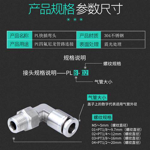 304不锈钢360度可旋转直角快插接头PU四氟管插入式气管快速弯头PL - 图2