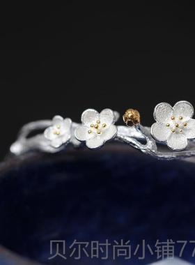 新款入梦长久s925纯银手品镯女开口工文艺梅花银花朵饰饰创意礼手