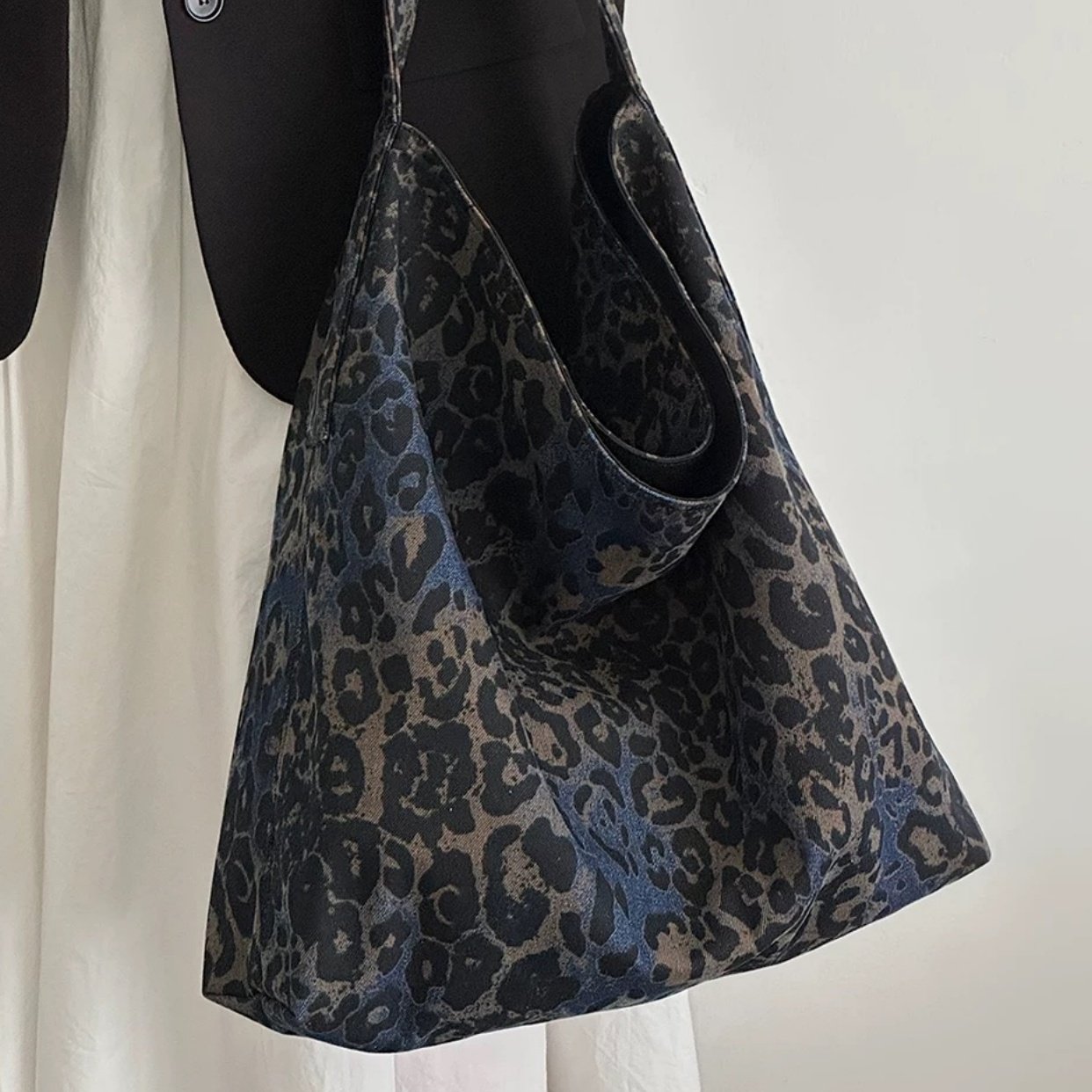 秋冬新款豹纹托特包大容量牛仔布通勤百搭辣妹风单肩斜挎慵懒风女,淘宝优惠券,粉丝福利购,淘宝优惠卷