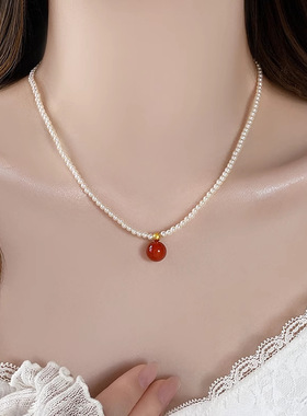 红色玛瑙小米珍珠项链配饰女颈链轻奢小众2025新款吊坠锁骨链