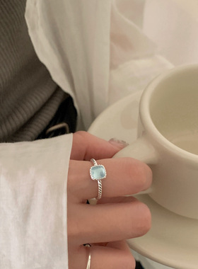 ins极简风海蓝宝方形戒指女宝石小众设计感百搭小清新开口指环女