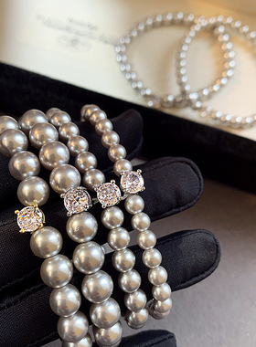 灰色珍珠串珠方块锆石手链女轻奢小众精致手串2025新款闺蜜手饰品