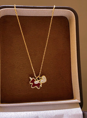 本命年微镶爱心红色小马项链复古轻奢感毛衣链秋冬气质配饰品