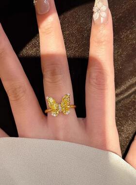 小红书同款金色锆石蝴蝶戒指女小众设计个性网红时尚轻奢开口