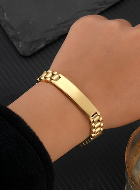 欧美饰品表带式手镯手环男女款情侣气质复古弯牌手链长度可调节