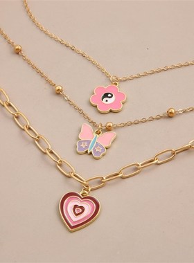 极速Colorful Butterfly Pendant NecklaceT彩色蝴蝶叠戴多层项链