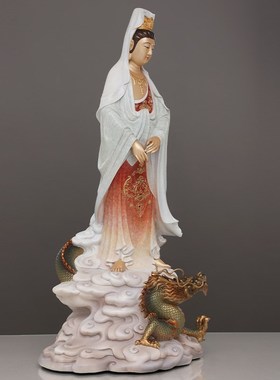 极速全铜乘龙观音白n衣观世音菩萨骑龙纯手工高温着色站龙观音佛