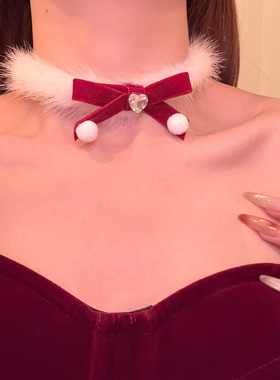 圣诞节毛绒蝴蝶结闪锆颈链