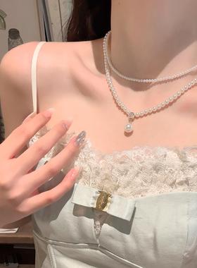 法式复古珍珠双层项链小米珠配饰