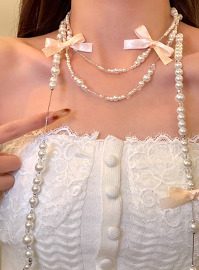 乔微爱怜蝴蝶结珍珠长款项链