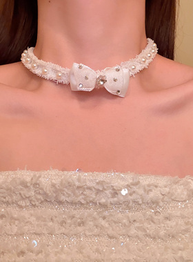 圣诞节闪锆珍珠蝴蝶结毛绒choker