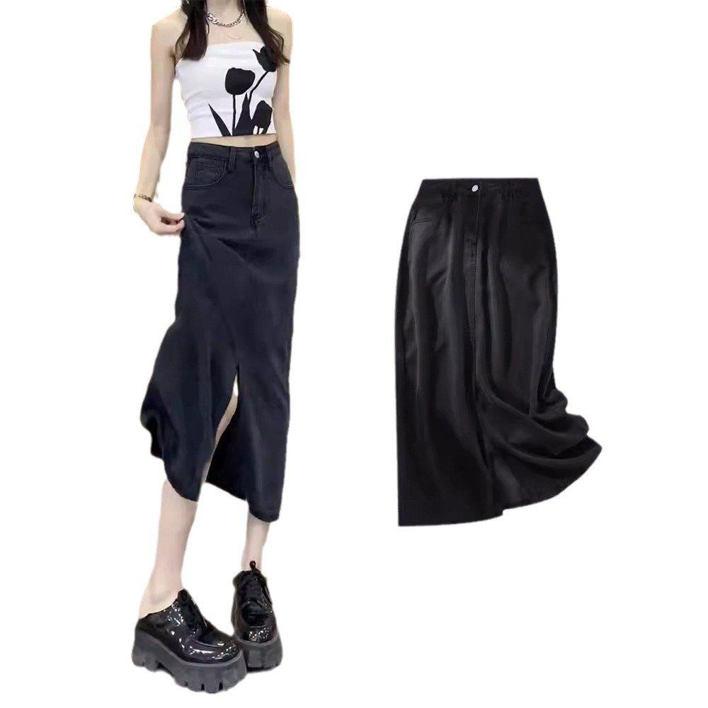 黑色开叉天丝牛仔半身裙女夏季薄款小个子高腰显瘦包臀a字中长裙,淘宝优惠券,粉丝福利购,淘宝优惠卷