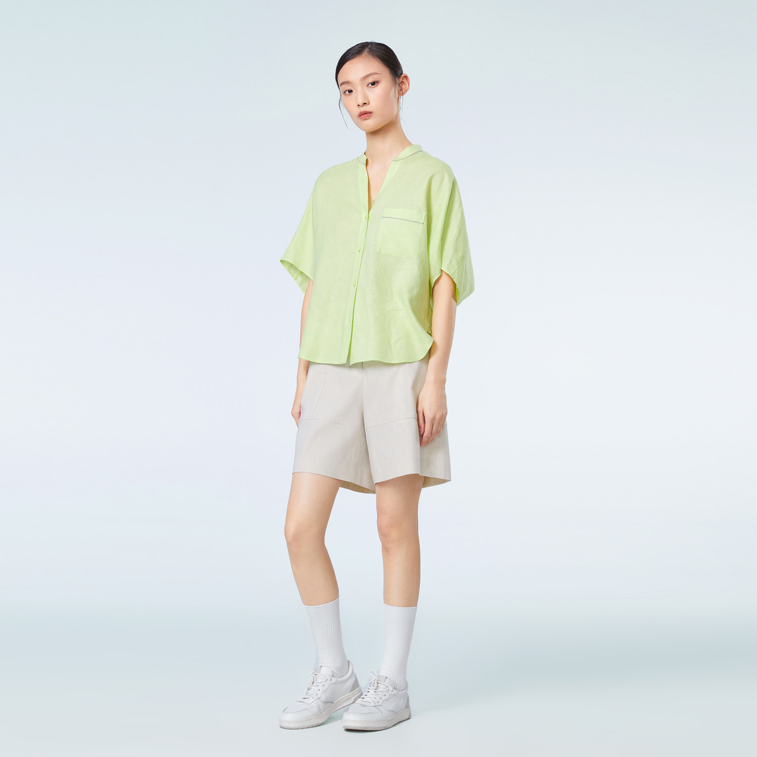 OVVOutlet 春夏热卖女亚麻立领落肩珠链装饰短袖休闲衬衫