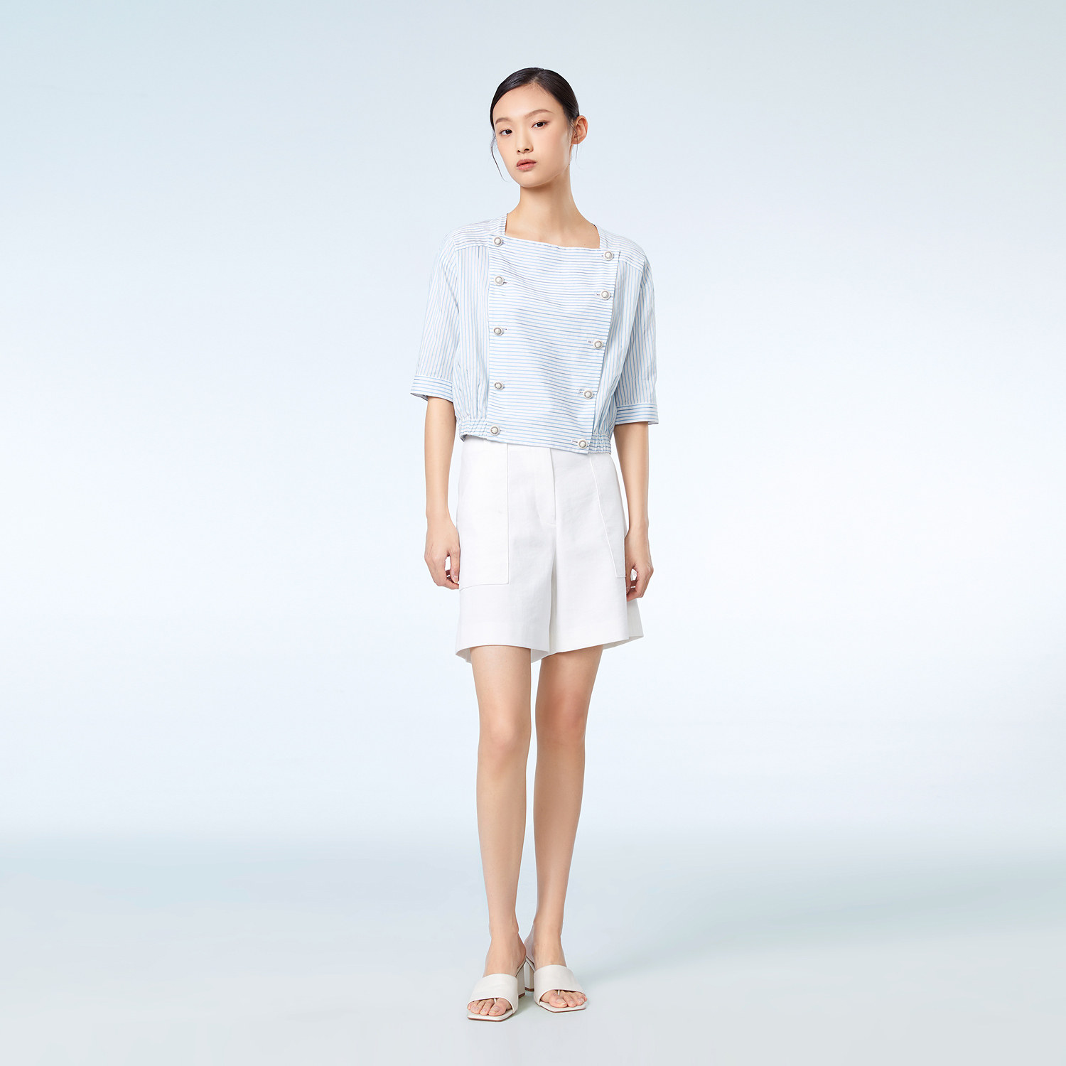 OVVOutlet 春夏热卖女色织丝棉条纹复古双排扣方领短款短袖上衣