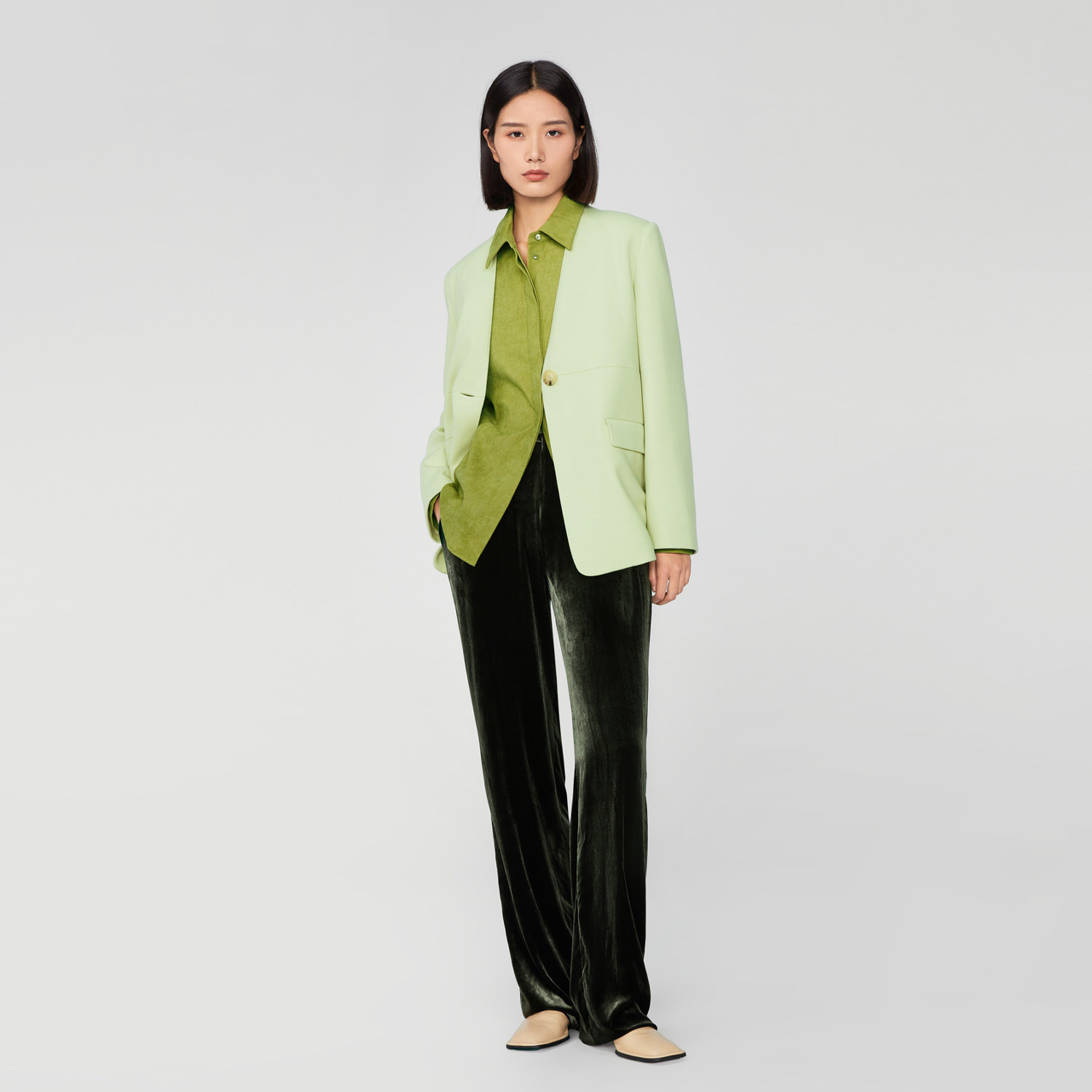 OVV Outlet 秋冬热卖女针织羊毛无领一粒大纽扣装饰单件西服外套