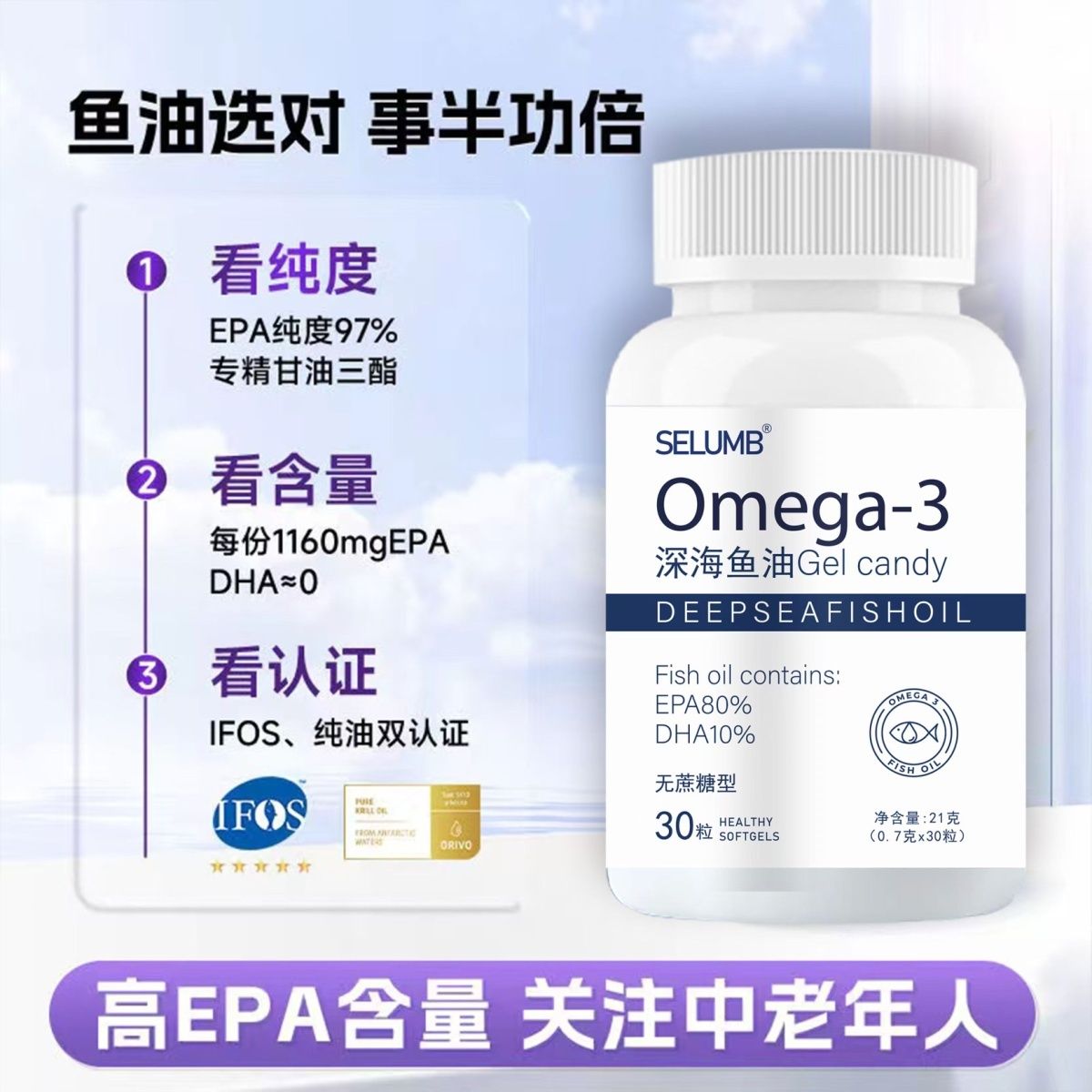 SelumB美国进口原材料IIU深海鱼油虾麟油90%Omega-3胶囊呵护血管