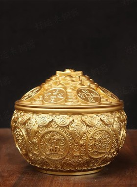 纯黄铜金蟾带g盖聚宝盆摆件家用桌面带盖金钱元宝盆存钱罐装饰摆