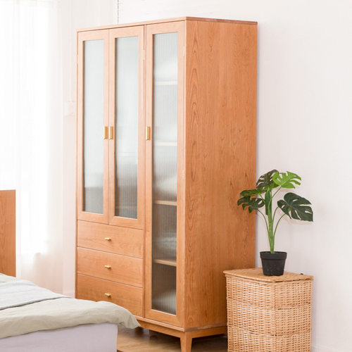 北欧全实木衣柜家用樱桃木玻璃推拉门置物收纳柜原木卧室落地衣橱 - 图0