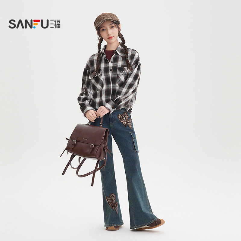 三福长衬衫2026春季烫钻口袋宽松中长款翻领上衣女装517498,淘宝优惠券,粉丝福利购,淘宝优惠卷