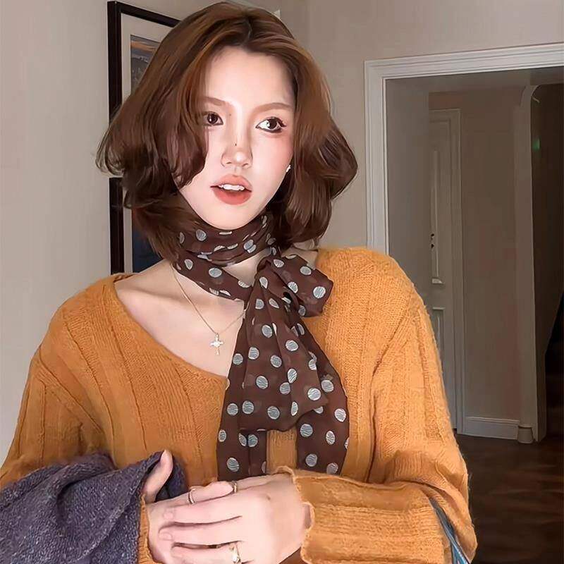 棕色波点丝巾印花高级百搭配饰系脖女2026年新款发带绑发长条围巾
