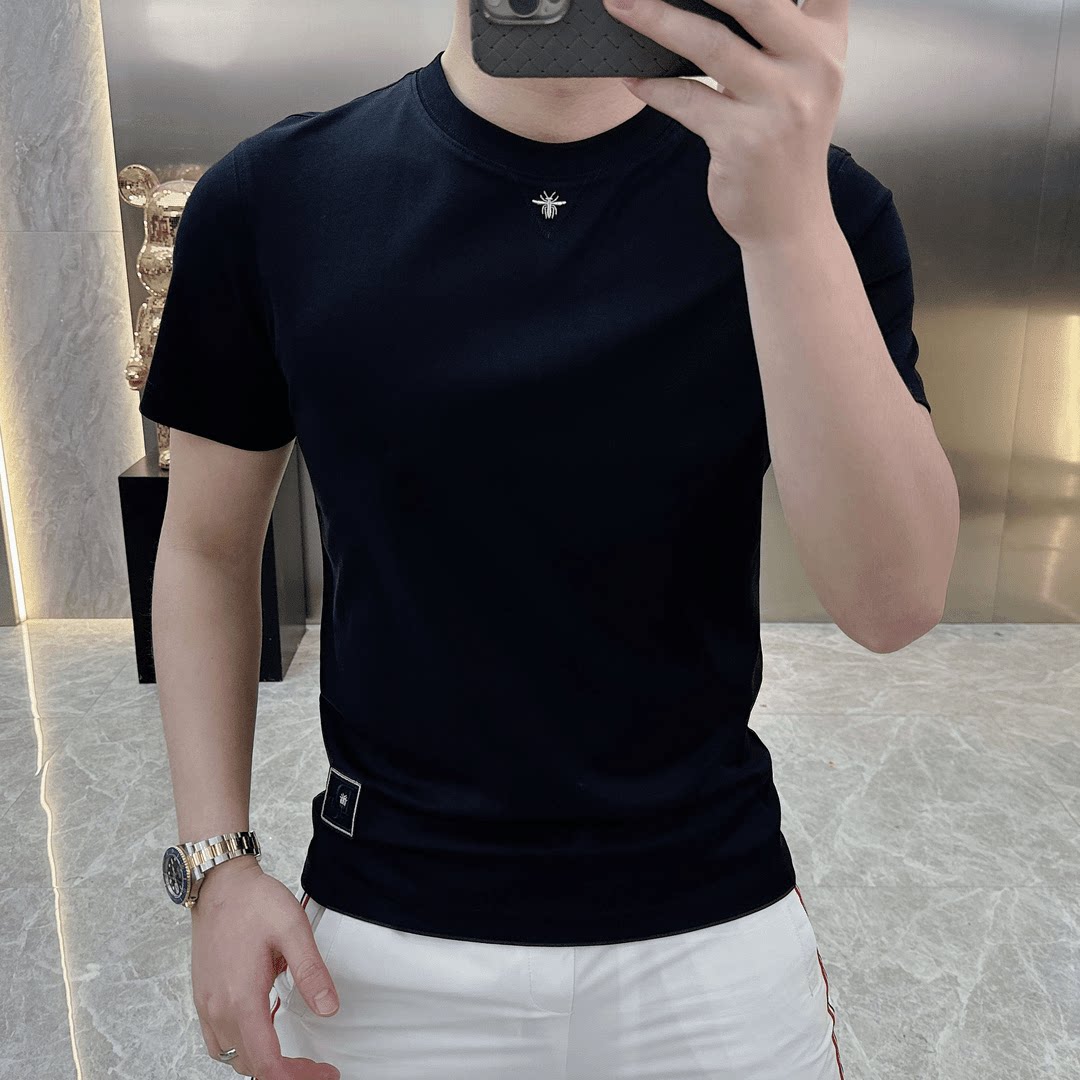 2025新款夏季小蜜蜂刺绣男士短袖T恤欧货百搭圆领纯色简约打底衫