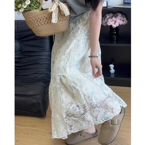 杏色蕾丝刺绣花朵孕妇半身裙春夏季薄款新款中长款a字蓬蓬蛋糕裙 - 图2