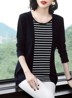 新款条纹b长袖t恤女上衣2023拼接中长款春秋季韩版宽松大码打底衫
