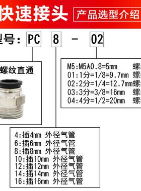 气动黑色PC8-02螺纹直通4-M5气管8mm软管快插6-01铜快速接头10-03