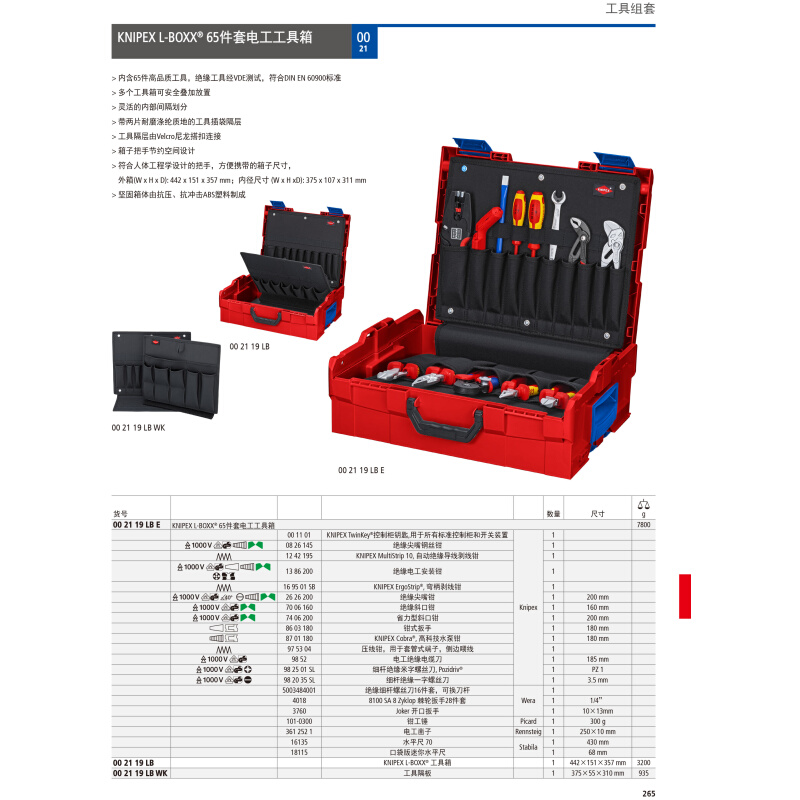 德国原装进口knipex00 21 19 LB E电工工具箱L-BOXX组合工具65件 - 图3