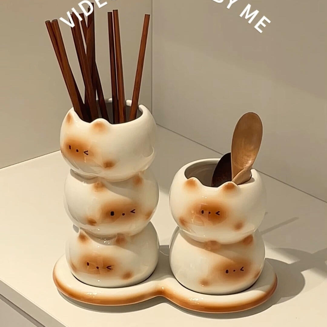 Creative Siamese cat household ceramic chopstick holder set