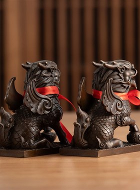 黄铜公母麒麟摆件一对客厅玄关柜子办公室桌面摆设X乔迁新居礼物