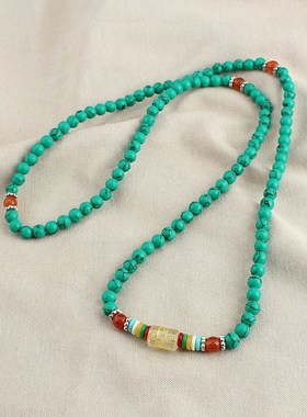 藏式民族风优化绿松石多圈佛珠手串女款念珠手链复古项链棉麻配饰