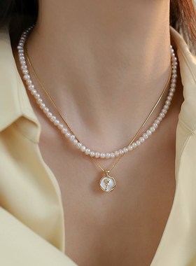 双层叠戴天然淡水珍珠项链女小众设计感玫瑰花吊坠颈链轻奢锁骨链