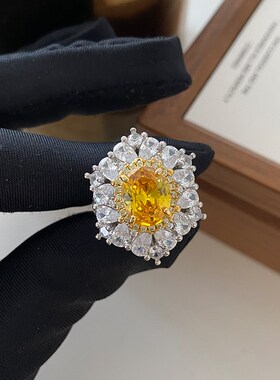 黄水晶戒指女轻奢高级感满钻花朵食指戒开口可调节宫廷风中古指环