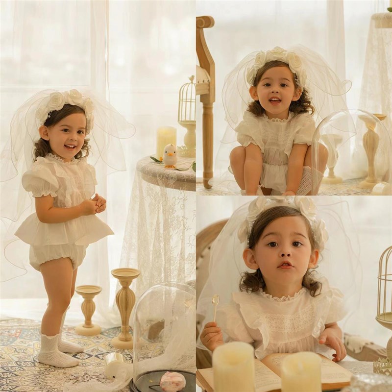 儿童摄影服装宝宝百天照周岁照2岁拍照服装复古婚纱白色公主头纱 - 图0