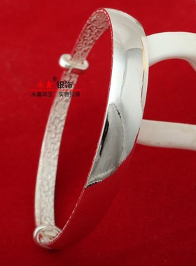 999纯银手镯女推拉开口可调节光面实心镯子银手镯亮面送闺蜜礼物
