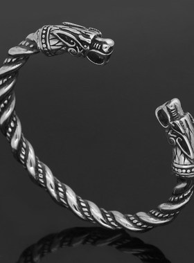 时尚北欧神话维京海盗不锈钢复古双头龙开口实心手镯男手环