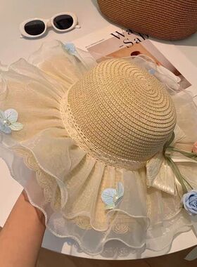 海边田园风蕾丝花朵草帽女夏户外拍照遮阳甜美飘带防晒帽