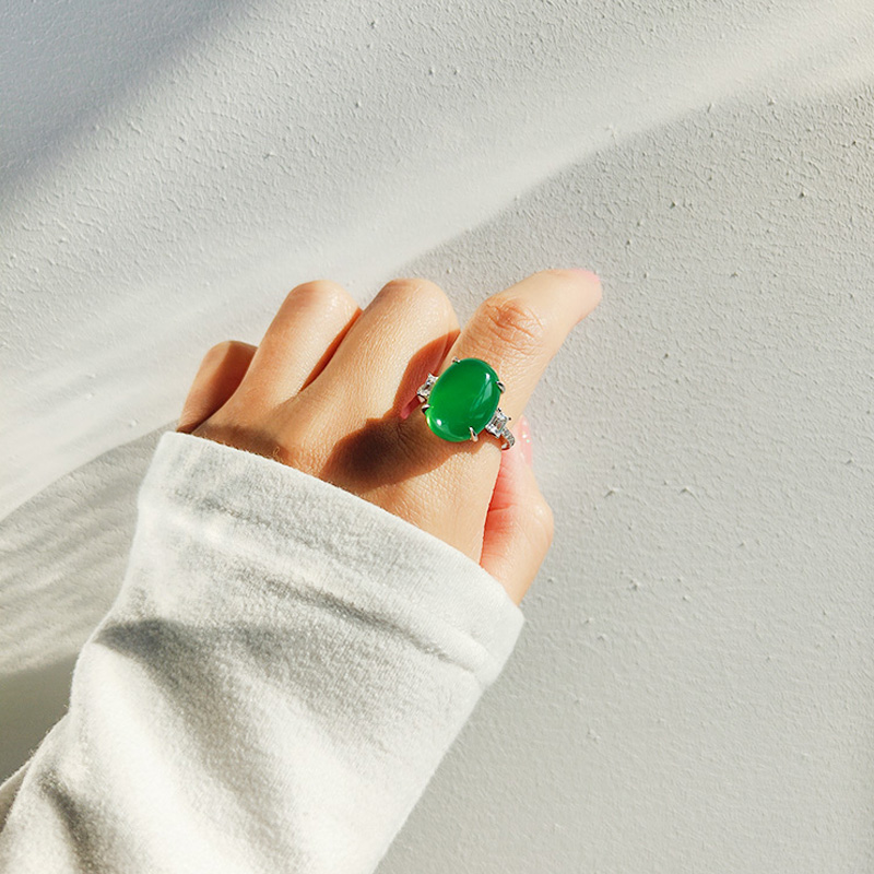 AILEQ戒指纯银天然玉髓高碳钻满绿国潮蛋面设计中国名族风佳人K20